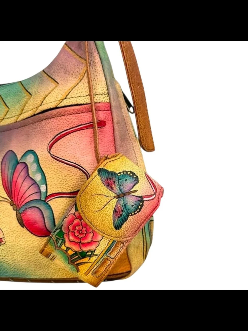 Anuschka Multicolor Butterfly Hobo Shoulder Bag with Brown Strap
